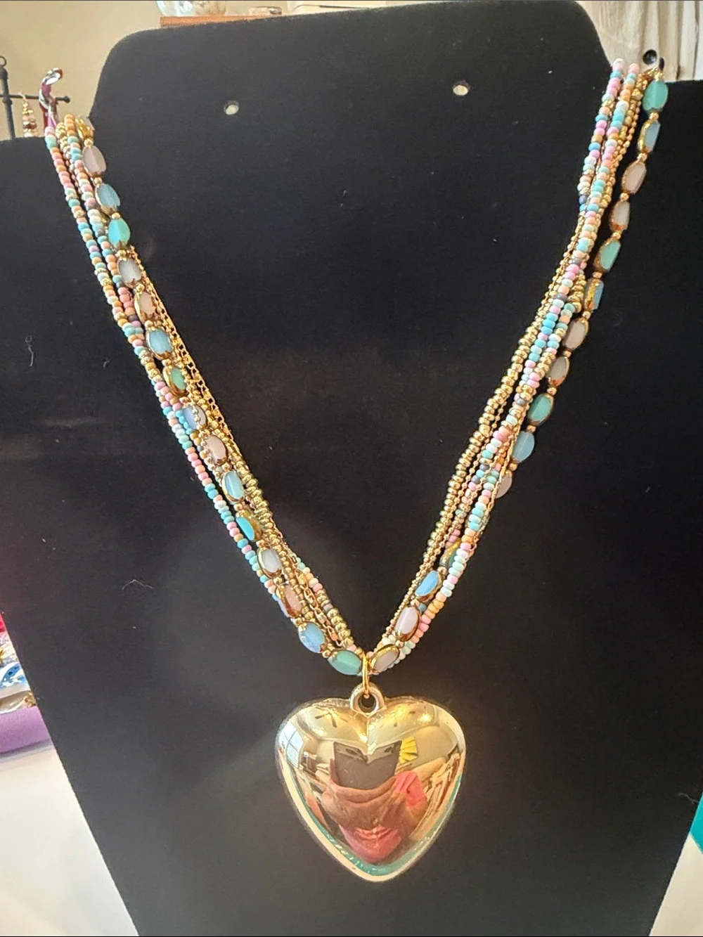 Gold Heart Locket Multi-Strand Beaded Necklace - Pink & Turquoise